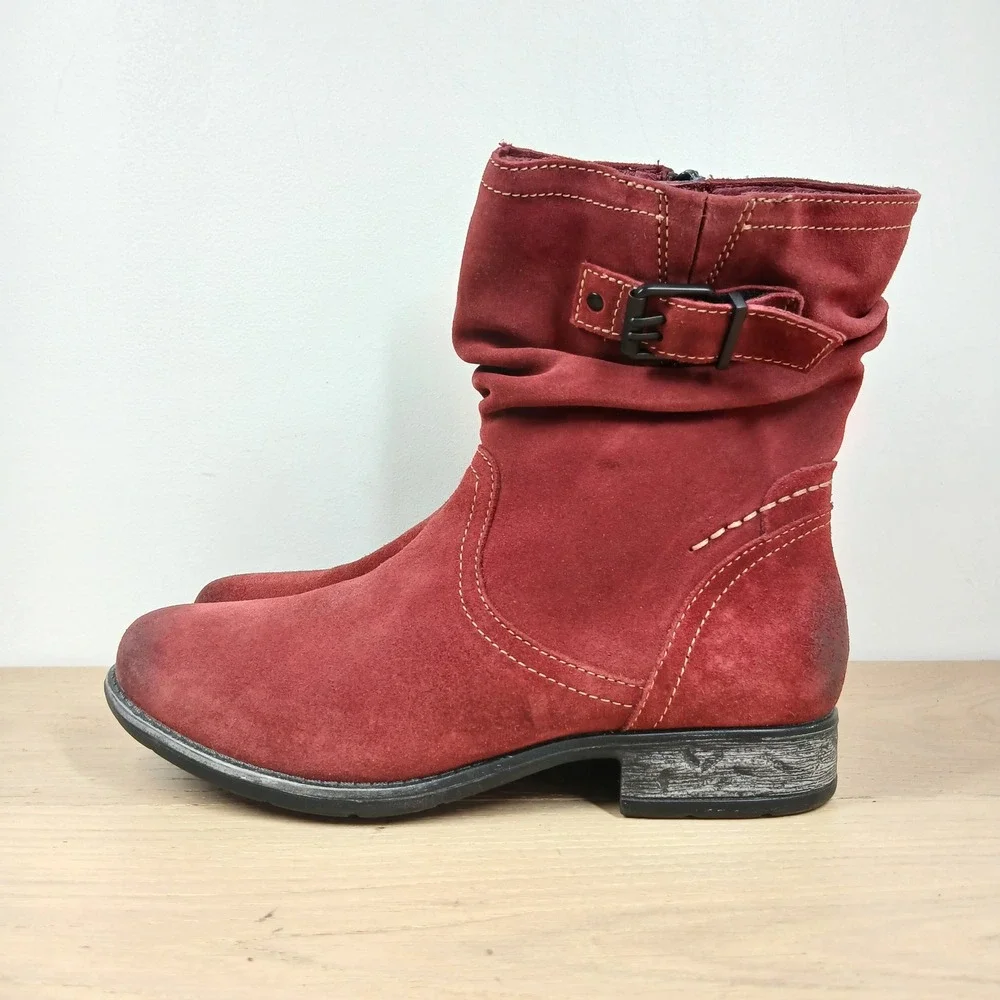 Earth Ankle Boots Women 8W Red Suede Slouchy Buckle Zip Relief Pod Mid Calf